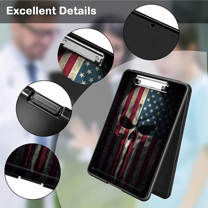 Clipboard with Storage,Office Supplies Nursing Clipboards Folder with Pen Holder Plastic Foldable Clip Board with Storage for Nurse Teacher,Skull Flag