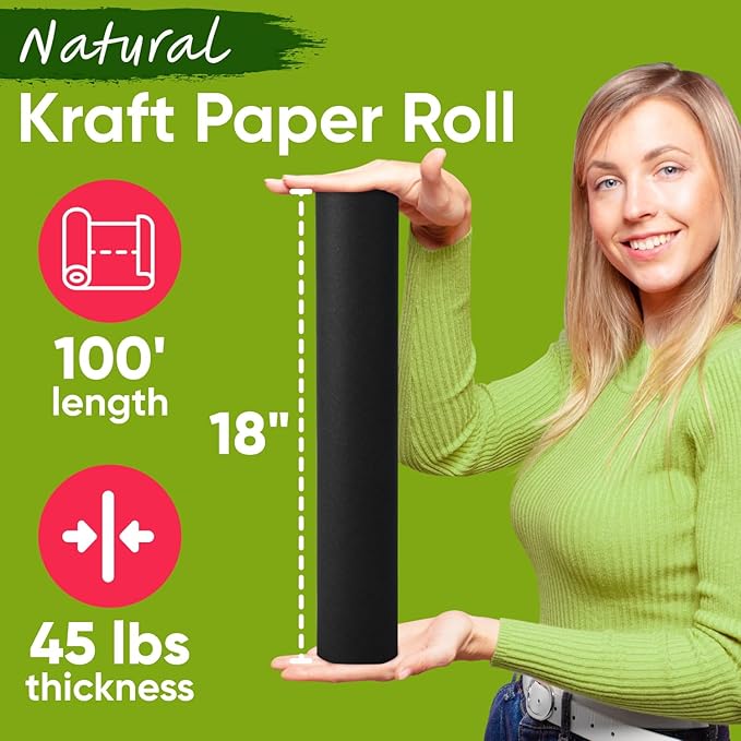 USA-Made 18" x 1200" (100 ft) Black Roll Paper, 45 lbs Thickness, Kraft Paper for School, Art Projects, Gift Wrapping, Bulletin Board
