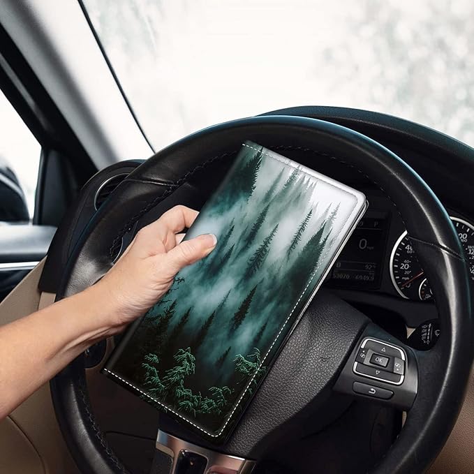 Car Registration and Insurance Holder, Leather Car Glove Box Organizer, Cool Car Accessories for ID, Driver's License Cards & Essential Document,business cards,Men&WomenNature Mountain Forest