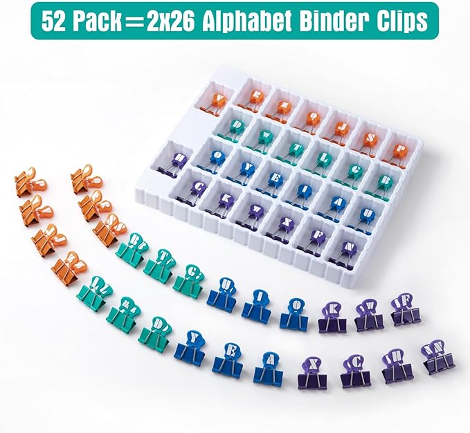 Silicone Grip Tip Binder Clips 52 Pack - Color-Coded Medium 1.25 Inch Alphabet Clips for Office, School, Crafts & Quilting | 2 Full Sets A-Z in 4 Assorted Colors | Easy Grip & Decorative Organization