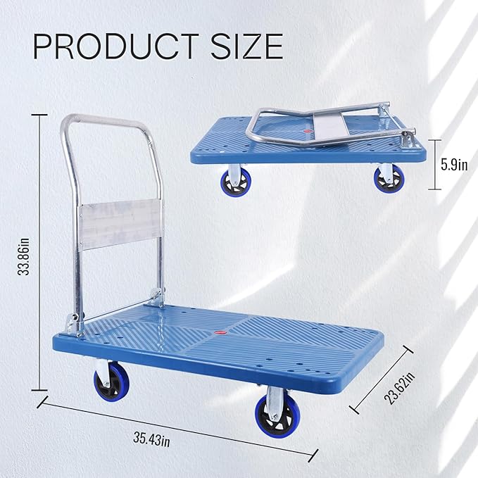 Doppy Flatbed Cart, 660lbs Heavy Duty Capacity Platform Hand Truck 360 Degree Swivel Wheels Foldable Push Hand Cart for Loading and Storage, Warehouse (Blue)
