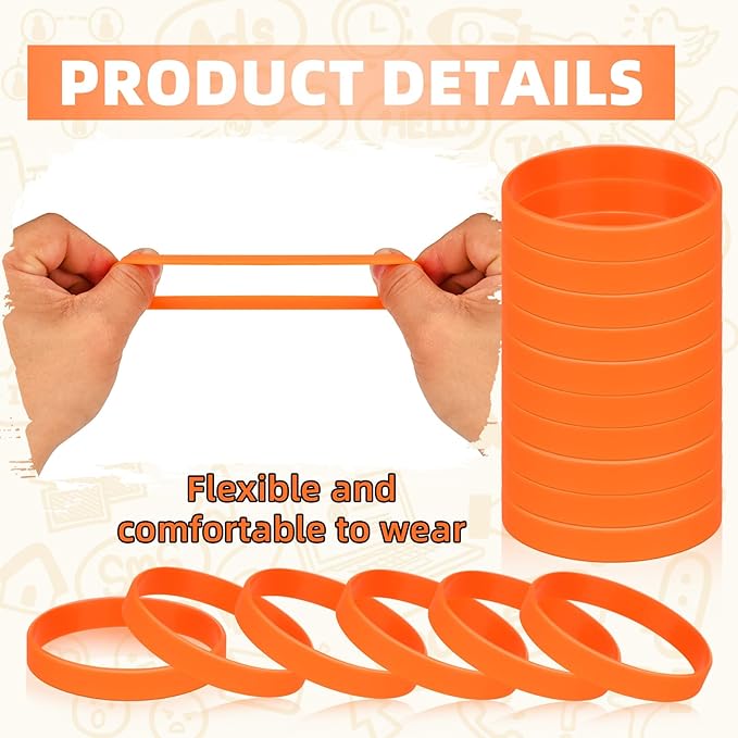 Rubber Bracelets Silicone Wristbands Unisex 100 Count, Sport Stretch Elastic Wrist Band Bulk For Party Team Gift-Orange
