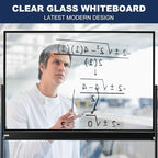 TSJ-OFFICE Rolling Clear-Glass Whiteboard on Wheels - 48" x 32" Mobile Dry Erase Board with Stand, Large Rolling White Board with 25 Sheets Paper Pad, Transparent Tempered Glass Board for Home Office