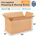 Large Shipping & Moving Boxes 24"L x 12"W x 12"H (20-Pack) - Extra Strength 200 lb vs Regular - Corrugated Strong Boxes for Moving - Cardboard Box for Moving - Box for Packing by IDL Packaging