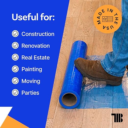 Floor Protection Film, 24 inch x 200' roll, Made in USA, Blue Self Adhesive Floor Protector for Moving and Construction, Temporary Covering for Protection of Hardwood, Tile, Other Hard Surfaces