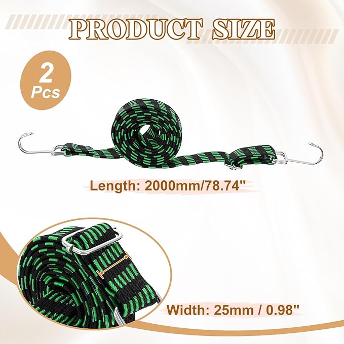 uxcell 2Pcs Adjustable Bungee Cords with Hooks, 79 Inch Flat Heavy Duty Elasticity Straps Rubber Bungee Cords with Buckle for Outdoor, Camping, Tarp, Bike Rack, Luggage, Black Green