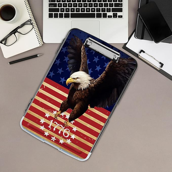 Clipboard with Storage,Office Supplies Nursing Clipboards Folder with Pen Holder Plastic Storage ClipBoard Foldable for Teacher Nurse,Flag Eagle