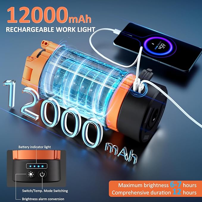 Rechargeable Camping Light with Stand 73" 2500LM 12000mAh, Magnet Work Light Cordless, with 3 Page Head, Hooks & Carrying Bag, Job Site Workshop Outside Orange