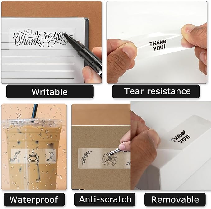 Clear Thermal Labels Vinyl 1 × 3 Inch Self-Adhesive Square Stickers Roll Waterproof Printer Direct Decals Package Seal for QR Code Envelope Office Retail Home 300 PCS