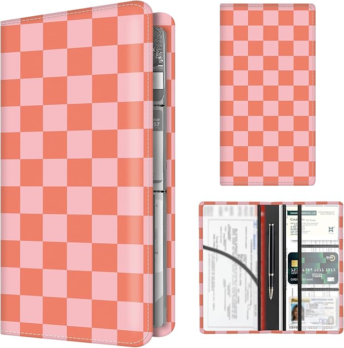 Premium Car Registration and Insurance Card Holder, Cute PU Leather Car Document Holder, Vehicle Glove Box Car Organizer with Magnetic Closure for Driver License, Cards Red Checkerboard