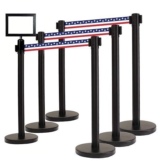 VIP Crowd Control Retractable Belt Stanchion Queue Safety Barrier Set, 36" Ht, 78" Belt + Wall Bracket (6 Posts Patriot Belt + SFrame + WBracket)