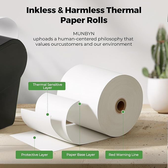 MUNBYN Thermal Paper 3 1/8 x 230ft, 12 Rolls Receipt Paper Work for Star Micronics TSP100 TSP143 Epson 80mm Receipt Printer Square POS Register Credit Card Terminals, Pos Register Paper BPA Free