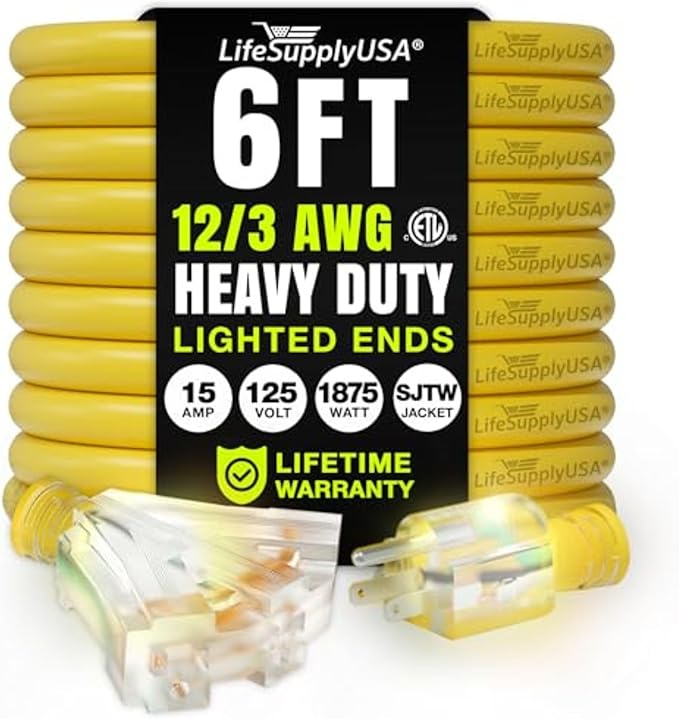6ft Outdoor/Indoor Extension Cord 3-Outlet 12/3 Gauge Extra Heavy Duty ETL Listed, 3 Prong SJTW, Waterproof, Flexible Cold-Resistant Long Power Cord,15A 125V 1875W, Yellow by LifeSupplyUSA