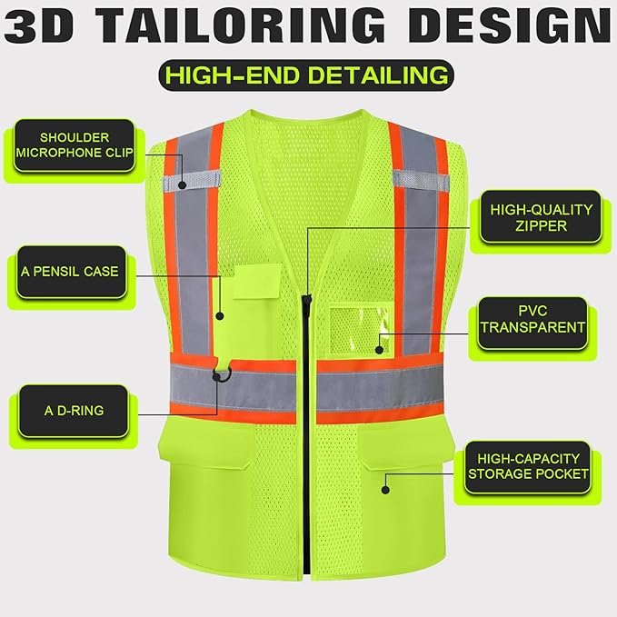 Safety Vest Customize Logo with 5 Pockets & Zipper Reflective High Visibility Vest Class 2 Outdoor Workwear