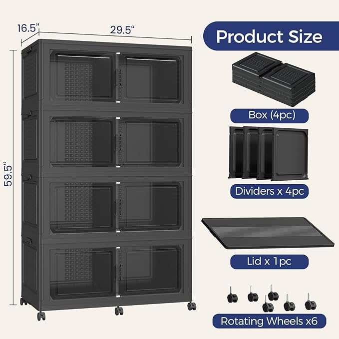 160GAL Storage Bins with Lid and Wheels, Stackable Closet Organizers and Storage Drawer, Collapsible Storages Box with Dividers, Foldable Plastic Cabinets for Room, Kitchen, 4 Pack Black