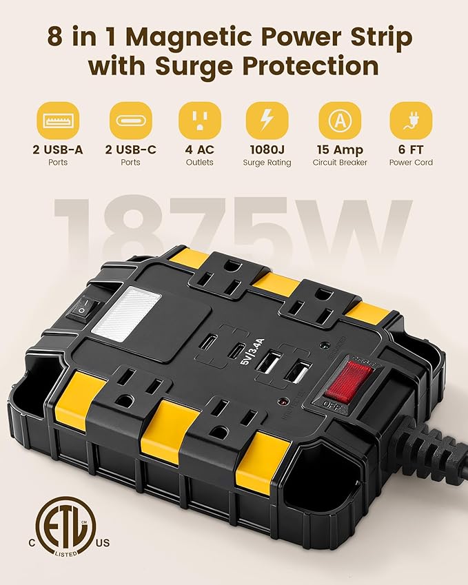 SURAIELEC Magnetic Power Strip, 1080J Surge Protector, 4 Outlets, 2 USB-A & 2 USB-C, 6 Ft Cord, Dual Magnets & 4 Mounting Holes, ETL Listed