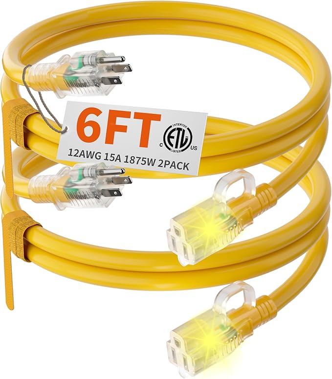 HUANCHAIN 12/3 Gauge Heavy Duty Outdoor Extension Cord 6 ft 2 Pack Waterproof with Lighted end, Flexible Cold-Resistant 3 Prong Electric Cord Outside, 15Amp 1875W 12AWG, Yellow, ETL