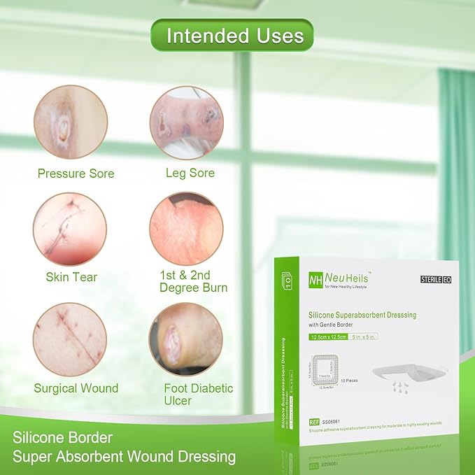 NeuHeils Silicone Super Absorbent Wound Dressing 5''x5'' 10 Packs, Self-Adhesive Waterproof Bandage with Ultrasorb Polymer Pad for Heavy Exudates Wound