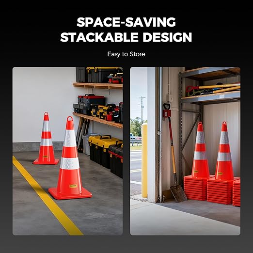 10 Pack 28 Inch Traffic Cones, from -22℉ to 131℉, MUTCD-Compliant Orange Safety Cone with Reflective Collar ＆ Extra Caution Tape for Parking Lot, Construction Work, Road Safety