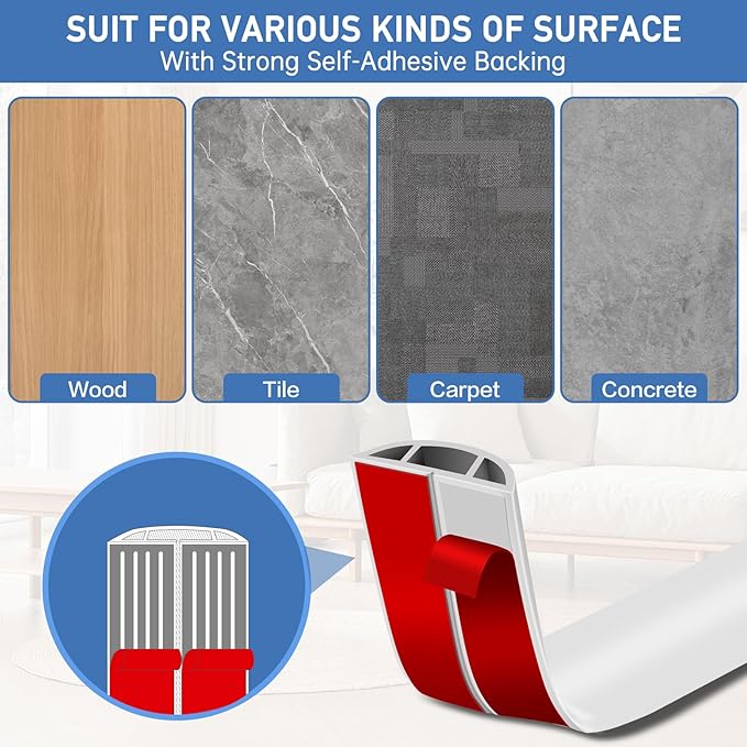 Floor Cord Cover Self Adhesive Cord Hider Floor Extension Cord Covers for Floor Power Cord Protector Cable Management Prevent Cable Trips Cable Cavity 0.51" W x 0.31" H (White, 3.3Ft)
