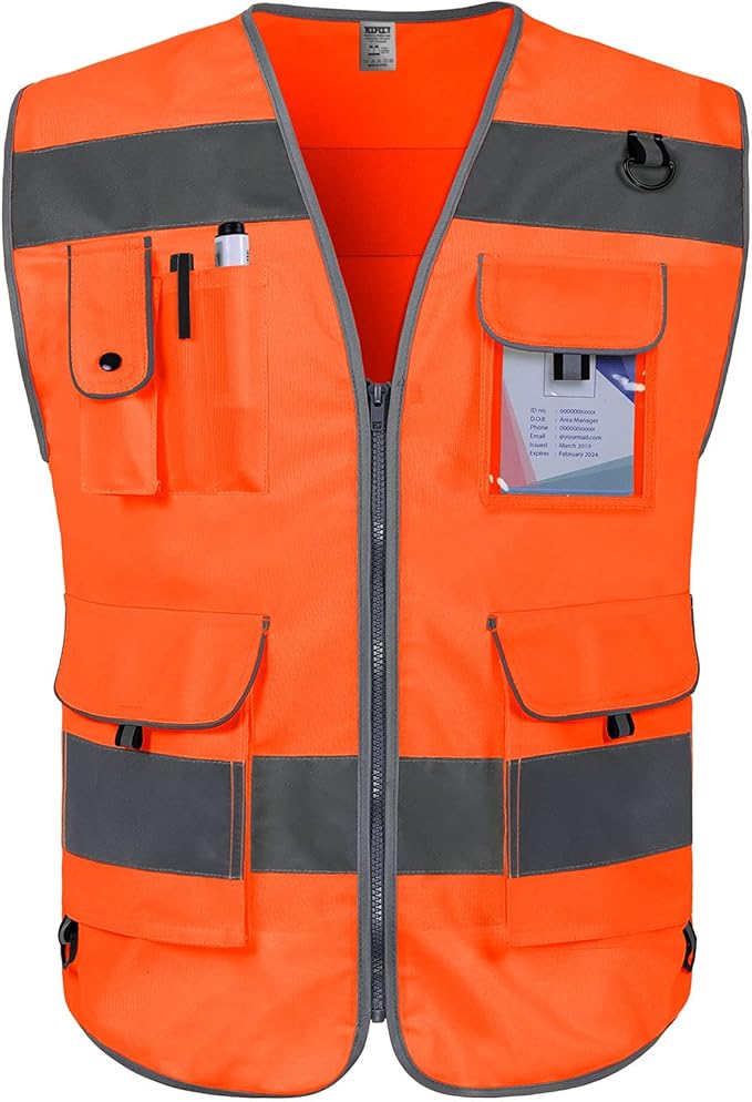 TCCFCCT High Visibility Vest 9 Pockets Hi Vis Reflective Safety Vest for Men Women, Construction Vest with Reflective Strips, Meets ANSI/ISEA Standards, (Orange, Small)