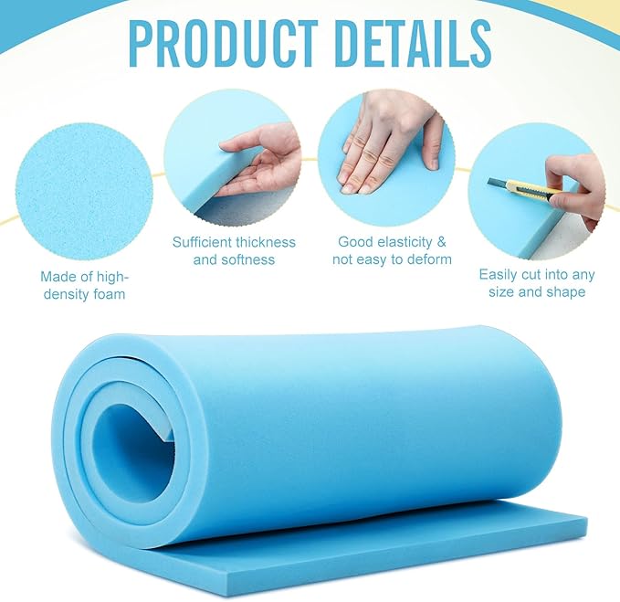 Frienda 2 Pcs Upholstery Foam 1" x 24" x 72" High Density Cushion Blue Polyurethane Craft Foam Padding for Seat Replacement DIY Projects Chairs Headboards Sofas Home