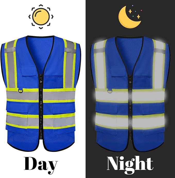 Safety Vest Reflective High Visibility with 5 Pockets ＆Zipper Class 2 Adult Unisex Construction Security Workwear