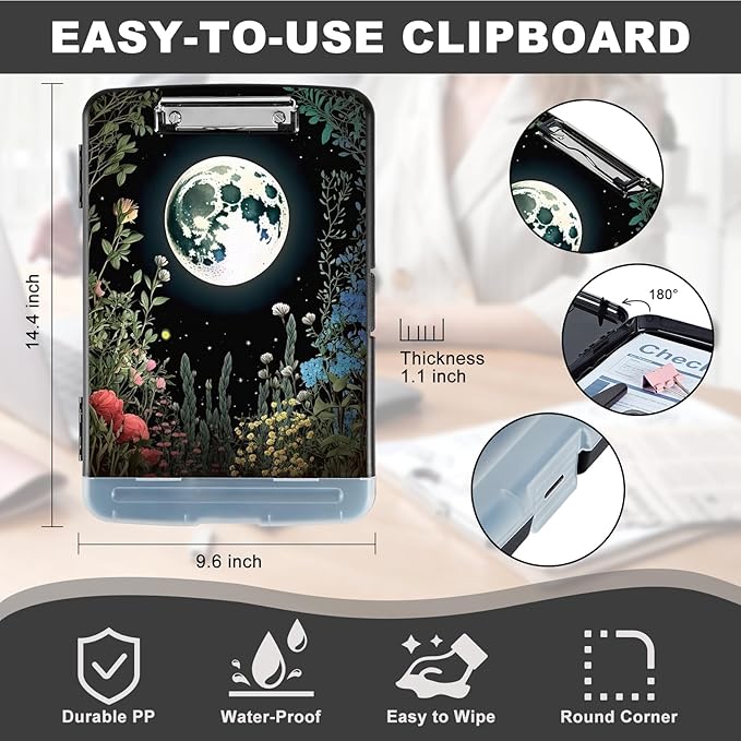 Clipboard with Storage,Heavy Duty Plastic Storage Clipboard with Low Profile Clip,Teacher Must Haves,Office Supplies,Grass Flowers Moon Star