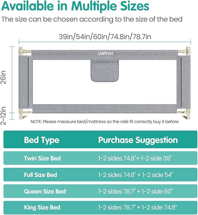 Bed Rails for Toddlers, Toddler Bed Rails, Bed Rail for Baby - Adjustable Height Bed Guard with Child Safety Lock,Universal Fit for King/Full/Twin Beds (Grey, 1 Side 70.8Inch)
