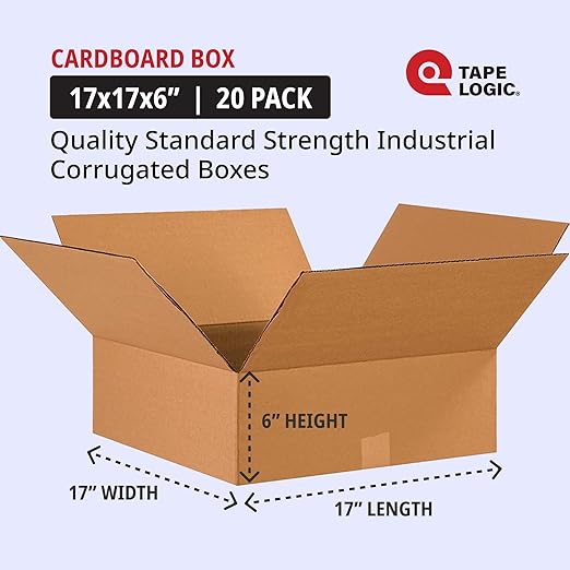 TAPE LOGIC 17 x 17 x 6 Corrugated Cardboard Boxes, Flat 17"L x 17"W x 6"H, Pack of 20 | Shipping, Packaging, Moving, Storage Box for Home or Business, Strong Wholesale Bulk Boxes