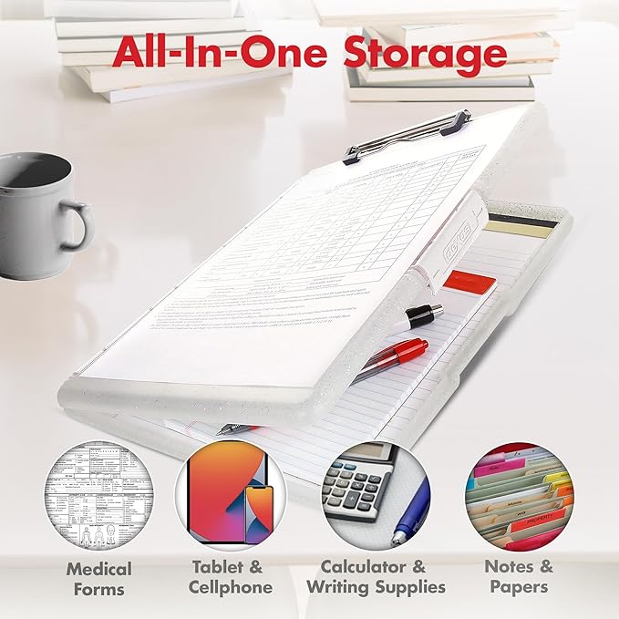Dexas Slimcase 2 Plastic Clipboard with Storage and Side Opening, Natural Glitter White Binding, Office Supplies Clipboards to Organize, Carry and Store, A4 Holder, Nursing Clipboards