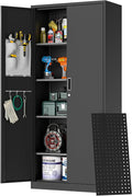 Big Metal Garage Storage Cabinet with Locking Doors, Lockable Heavy Duty Metal Tool Cabinet with Pegboard, Black
