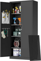 Big Metal Garage Storage Cabinet with Locking Doors, Lockable Heavy Duty Metal Tool Cabinet with Pegboard, Black