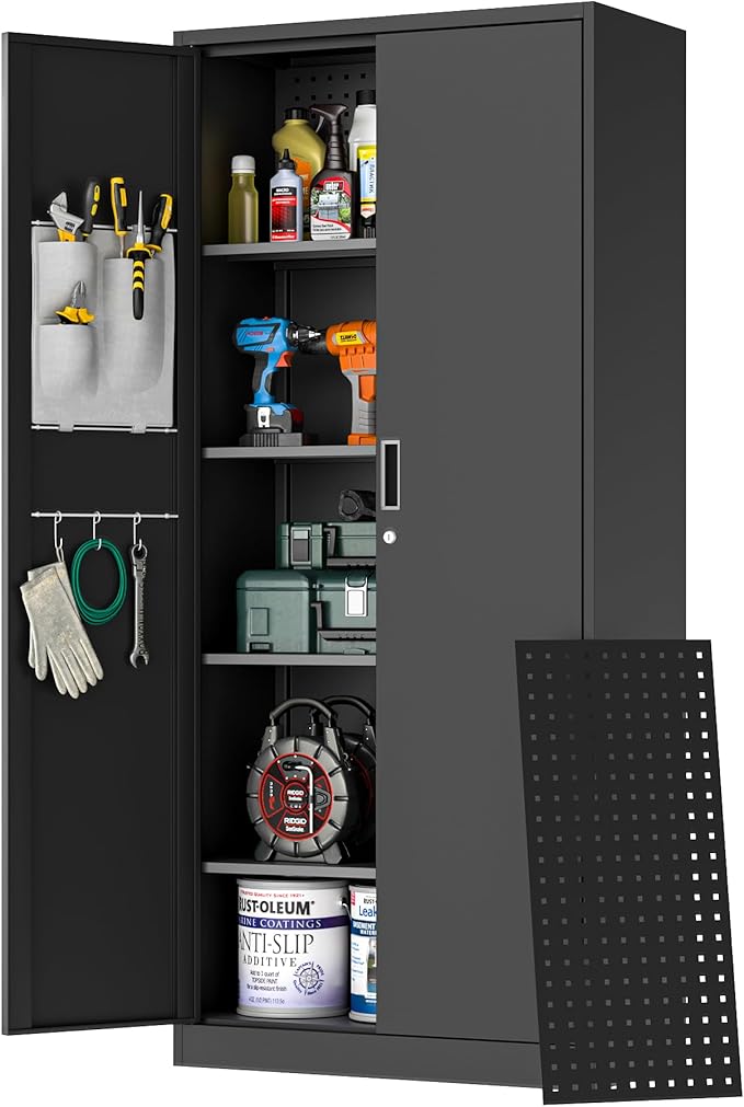 Big Metal Garage Storage Cabinet with Locking Doors, Lockable Heavy Duty Metal Tool Cabinet with Pegboard, Black