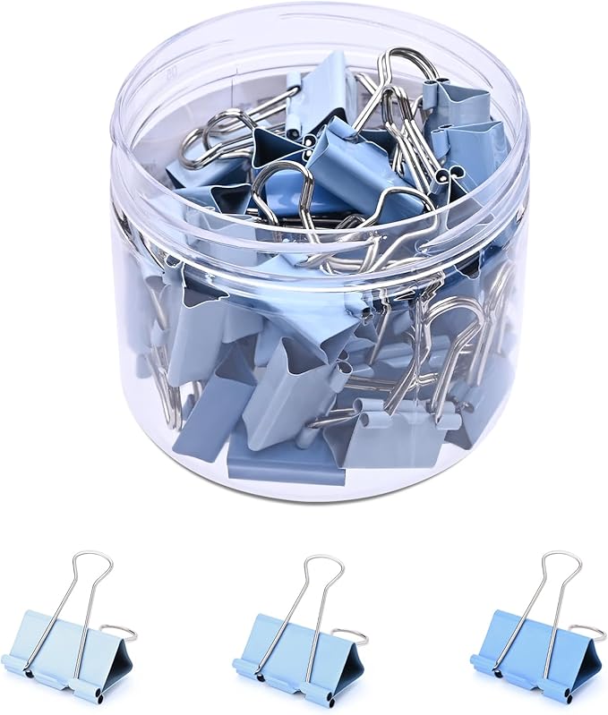 Temiary Aesthetic Binder Clips, 40 Pcs 0.75 Inches Small Metal Binder Clip with Clear Storage Container, Binding Paperwork Clamps for School Teachers Office Supplies (Blue)