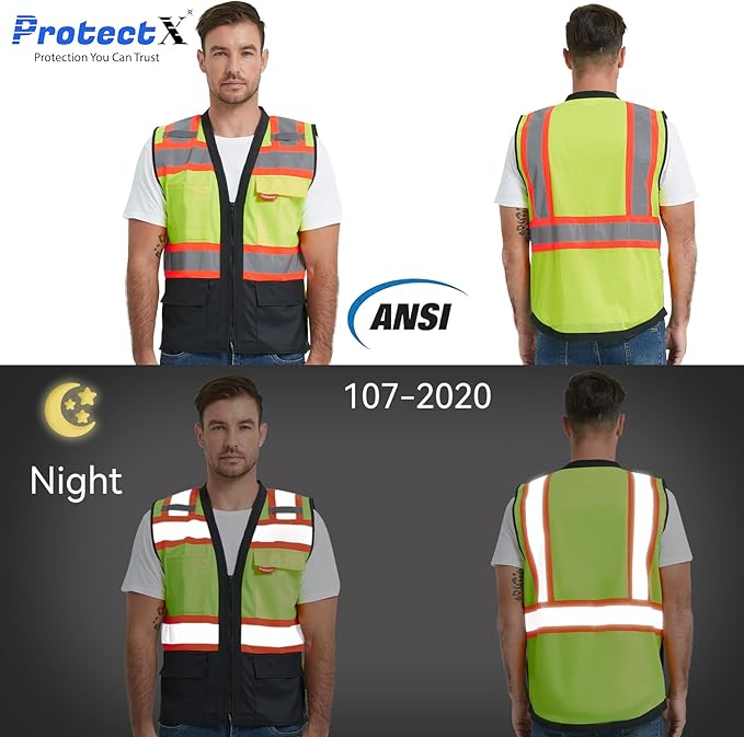 ProtectX 6 Pockets High Visibility Safety Vest for Men Women Class 2 Reflective Hi Vis Work Construction Vest