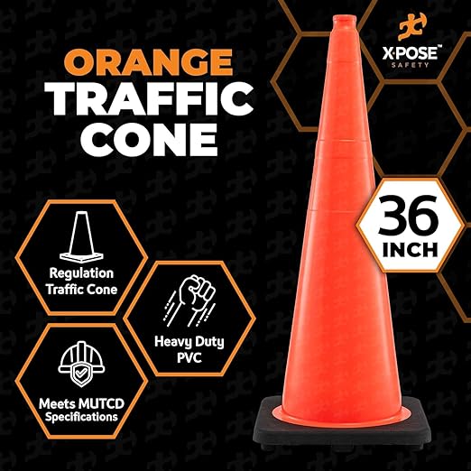 Xpose Safety 36 Inch Orange Traffic Cones Heavy Duty 12lb, 24-Pack - Multipurpose PVC Plastic Safety Cone for Parking, Soccer, Caution, Kids and Construction - DOT Approved