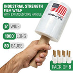 5" x 1000' Industrial Strength Mini Stretch Wrap with Extended Core Handles, Ready to Use Pack of 8 Clear Stretch Film Rolls, 80 Gauge, 500% Elongation - Shrink Wrap for Moving, Packing