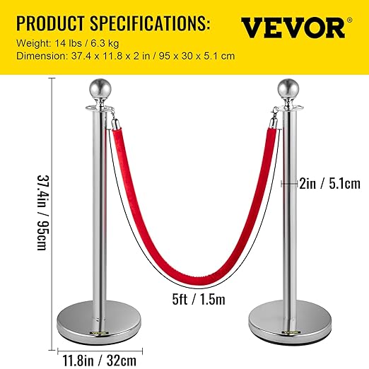 VEVOR Stanchion Post with Velvet Ropes, 6-Pack Crowd Control Stanchion with 3PCS 5FT Red Velvet Ropes, Stainless Steel Queue Barrier Line Divider with Ball Top for Events, Museums, Parties