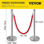 VEVOR Stanchion Post with Velvet Ropes, 6-Pack Crowd Control Stanchion with 3PCS 5FT Red Velvet Ropes, Stainless Steel Queue Barrier Line Divider with Ball Top for Events, Museums, Parties