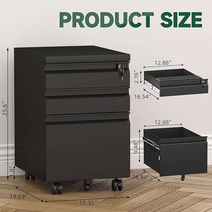 3 Drawer Black File Cabinet with Lock,25.6" H Small Filing Cabinet for Under Desk,Metal Mobile File Cabinet for Home Office Organizer Letters/Legal/A4(Assembly Required)