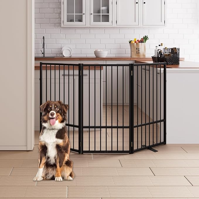 3 Panels Full Metal Freestanding Dog Gates, 60” W x 36” H Folding Pet Gate Fence with Support Feet for Indoor,Stairs, Hallways and Doorways(Black)