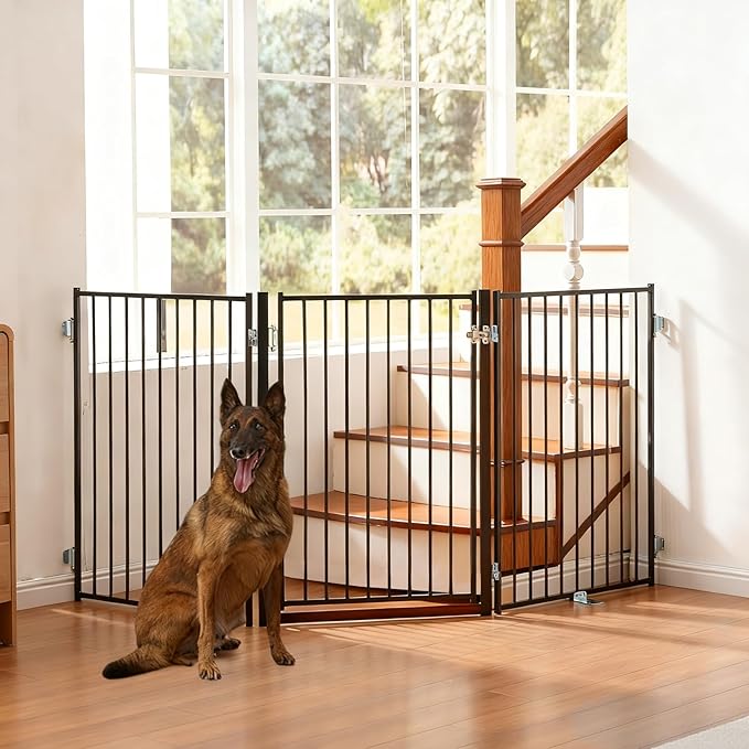 No Pawblems Free Standing Dog Gate with Door, 36'' Tall Foldable Dog Fence for Indoor & Outdoor, Up to 78 Inch Extra Wide Puppy Gate for Stairs, Hallways, Doorways, Deck, Yard (Black, 3 Panels)