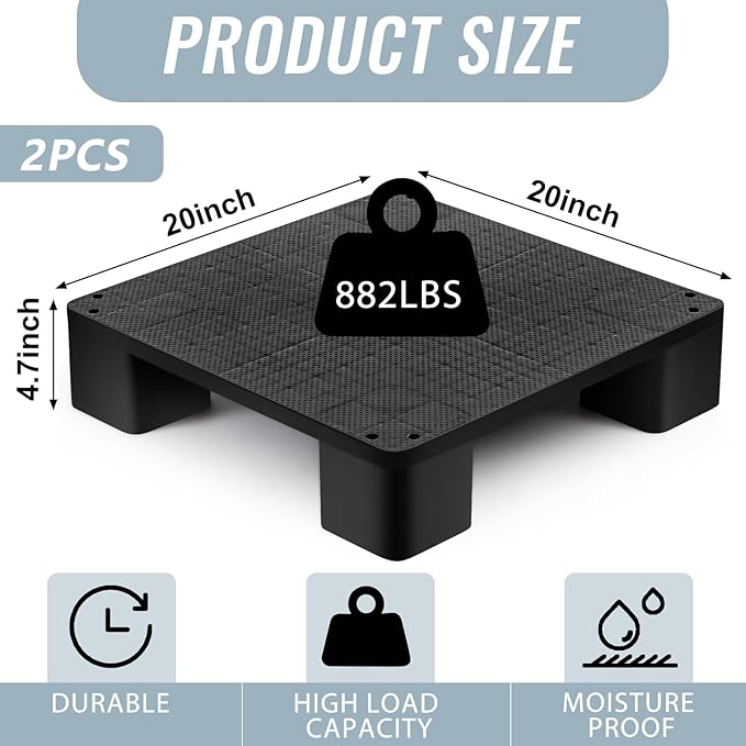 1 Pcs Plastic Pallet for Basement Storage Easy Stack Lightweight Floor Pallet Display Flooring Room Supermarket Christmas, Support up to 2000 Lbs (20'' L X 20'' W X 4.7'' H,Black)