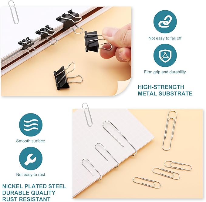 360 Pcs Paper Clips and Binder Clips Assorted Sizes, Large Medium Small Size Silver Paper Clips & Black Binder Clips with Container, for Office, Home, School Supplies
