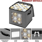 inin Christmas Ornament Storage Box with Adjustable Dividers,Christmas Ornaments Organizer with Zippered Top,Storage Container Bin for Holiday Decorations(64 Ball, Gray, Without Tray)