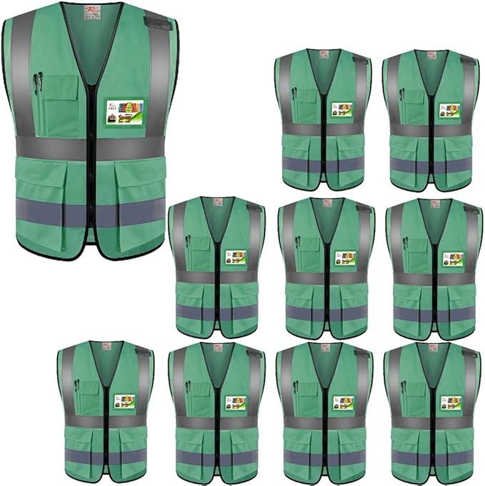 zojo High Visibility Safety Vests With Pockets, Wholesale Reflective Vest for Outdoor Works, Cycling, Jogging, Walking,Sports - Fits for Men and Women Pack of 10 (XXL-Green)