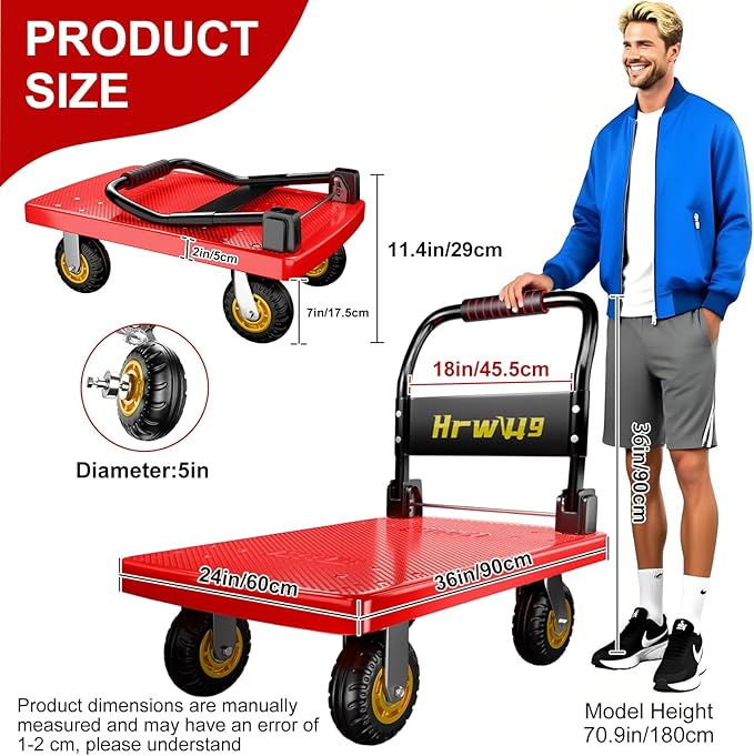 Platform Truck, Foldable Push Cart Dolly with Four 360 Swivel 5'' Wheels, 1200LBS Capacity Heavy Duty Moving Platform Trucks Hand Cart for Groceries, Garage, Warehouse (Red)