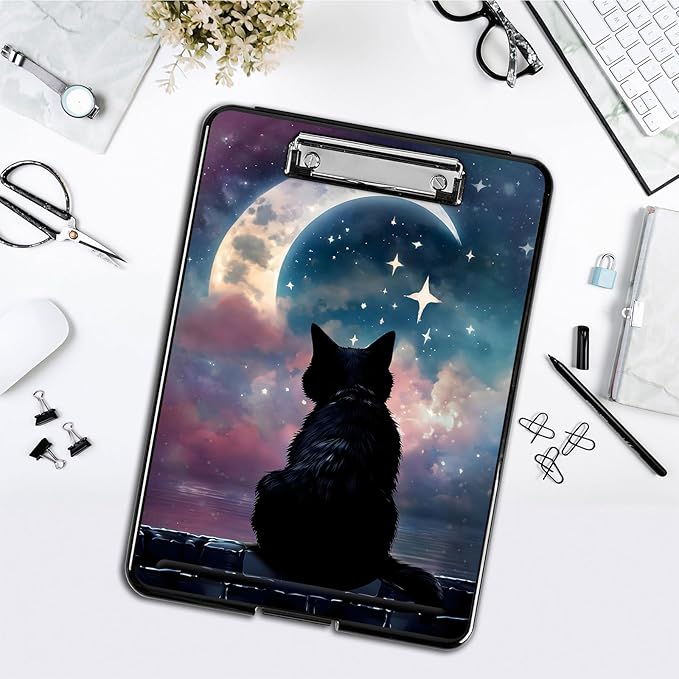 Clipboard with Storage,Office Supplies Nursing Clipboards Folder with Pen Holder Plastic Foldable Clip Board with Storage for Nurse Teacher,Moon Cat