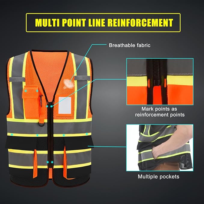 AYKRM 11 color High Vis Reflective Safety Vest for Women Men Security Pocket Zipper